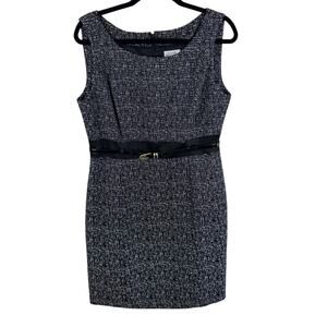 Tahari ASL Black White Tweed Sleeveless Belted Knee‎ Length Sheath Dress Size 12